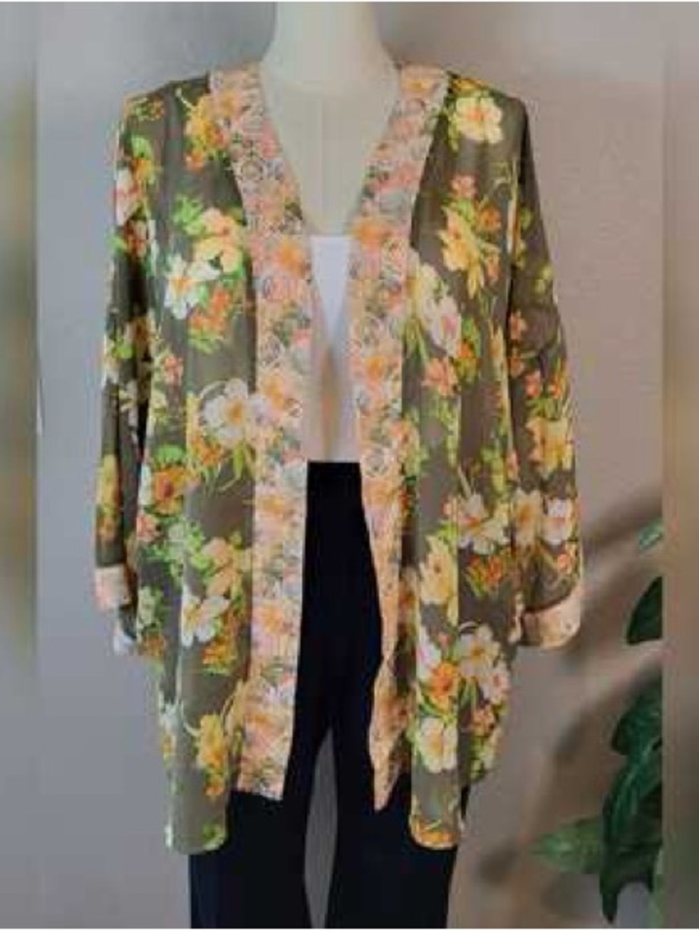 Floral Sheer Open Front Top Green Orange White Lightweight Summer Boho XL